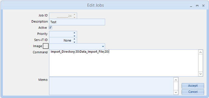 Edit jobs window in MA!N for importing data