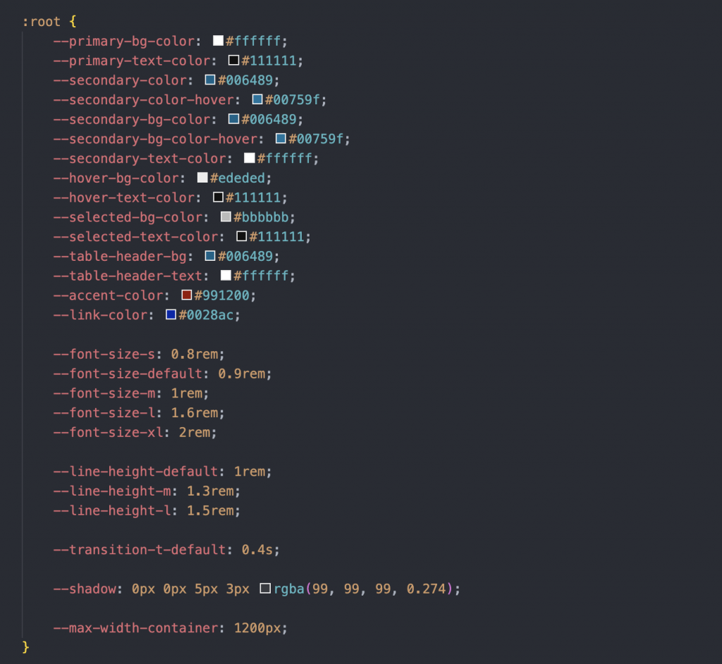 Screenshot with CSS custom properties in MAIN Web