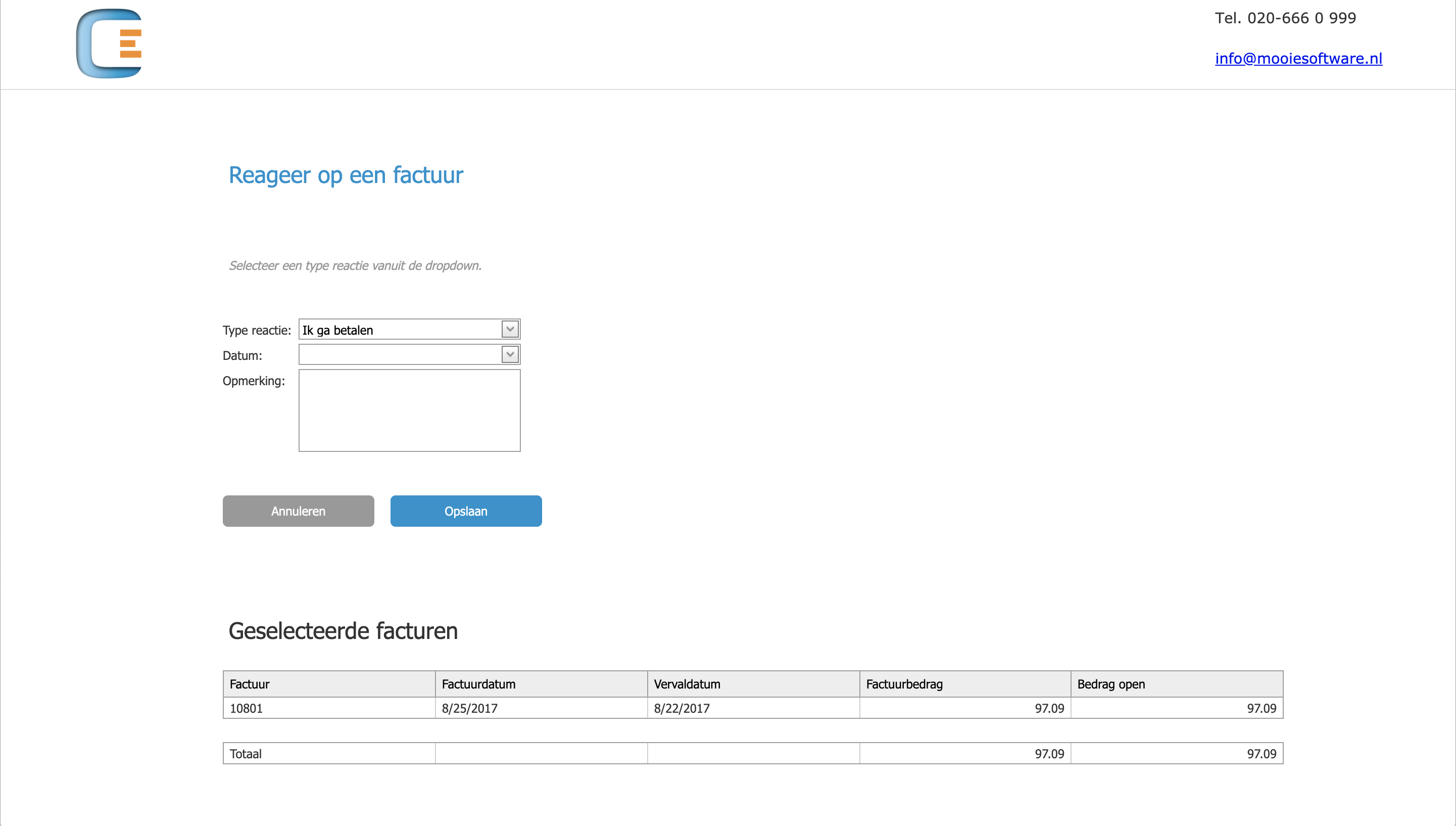 Schermafbeelding van de Debiteuren Portal waar klanten reageren op openstaande facturen