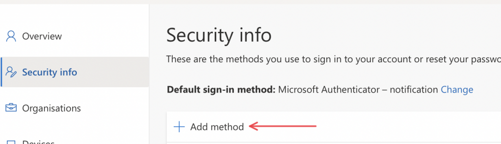 Screenshot voor toevoegen MFA methode binnen de Microsoft portal.