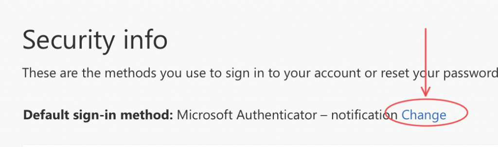 Screenshot voor het instellen van de standaard MFA methode binnen de Microsoft portal.