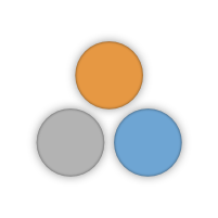 Drie cirkels in oranje, blauw, grijs