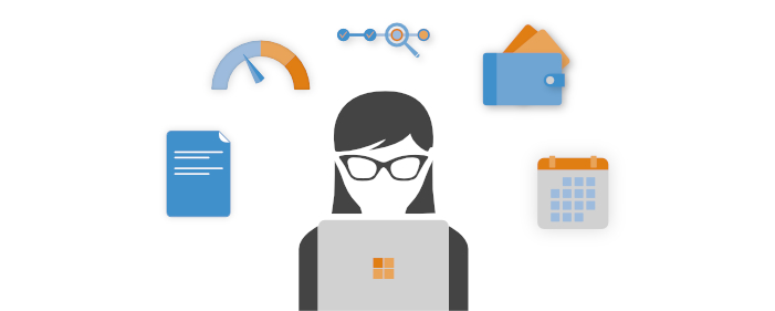 Illustration of a woman behind a laptop with icons associated with credit management.