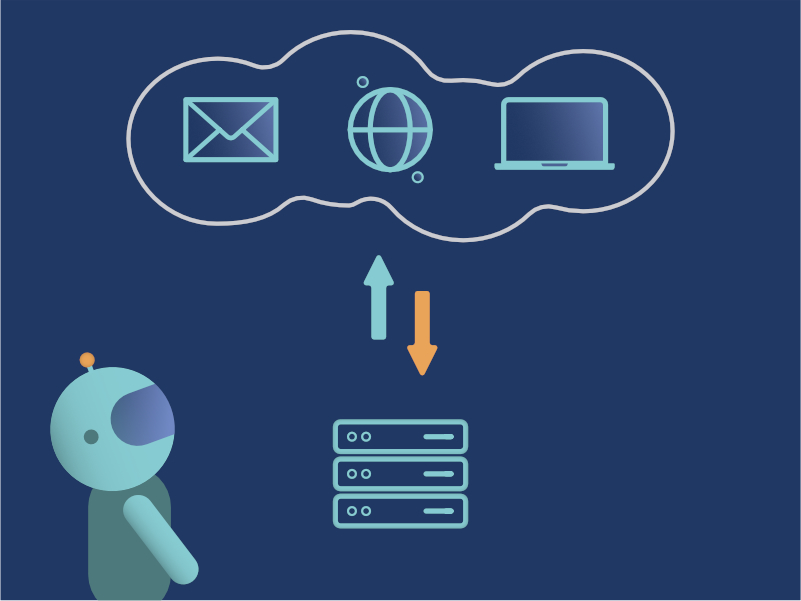 Illustration of a server with cloud containing a mail, globe and laptop.