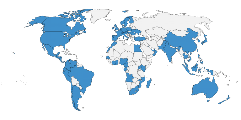 Wereldkaart met de landen waar de software van CE-iT wordt gebruikt in het blauw